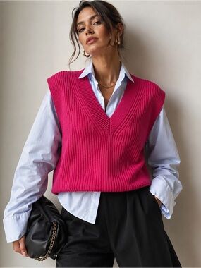Merino Wool Pink Vest Ribbed V-Neck Academia Preppy Sweater XL